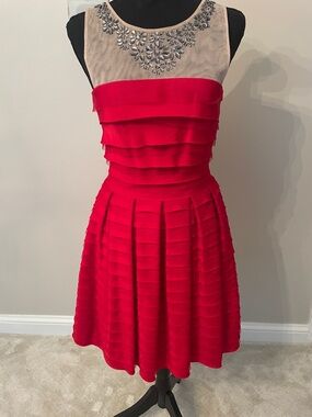 BCBGMaxazria Red Tiered Fit-and-Flare Dress with Embellished Illusion Neckline